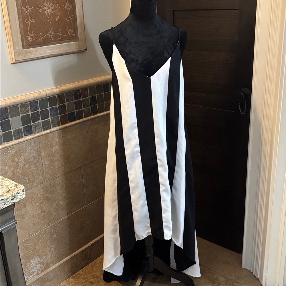 Boston Proper Black and White Vertical Stripe Asymmetrical Slip Dress